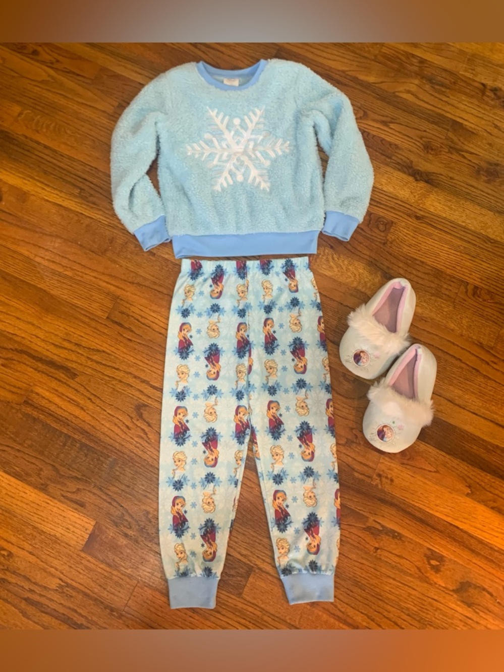 Girls Disney Frozen Elsa & Anna 3 Pc LS Pajama Pant Shirt & Slipper Shoes Set